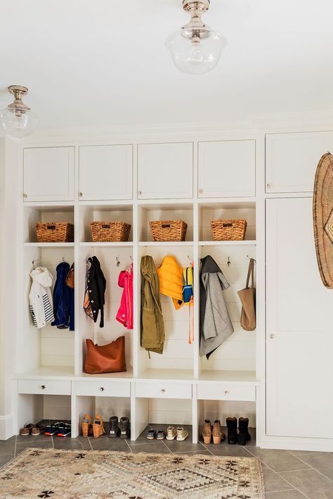 Shiplap Trim, Erin Gates Design, Transitional Laundry Room, Mudroom Cubbies, Mudroom Bench With Storage, Old Wood Table, Mudroom Bench Ideas, Wooden Lockers, Gates Design