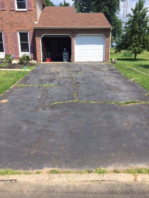 This was one of the most long overdue projects at our home. We’ve been talking about what a hot mess the driveway was for the last two and a half years. There w… Driveway Cracks, Stepping Stone Walkways, Driveway Repair, Cottagecore Living, Patio Privacy Screen, Asphalt Driveway, Cozy Cottagecore, Concrete Tiles, Up House