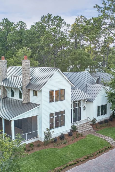 White House With Tin Roof, White Brick House With Metal Roof, White House With Charcoal Metal Roof, Metal Roof On White House, White House Silver Metal Roof, White House With Metal Roof, White House Gray Roof, White House Metal Roof, Farmhouse Tin Roof