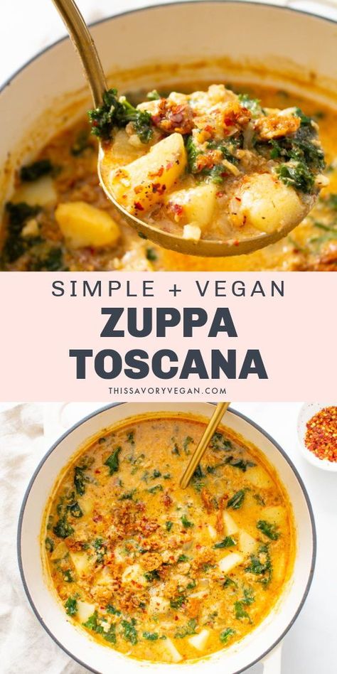 Vegan Zuppa Toscana Soup, Vegan Zuppa Toscana, Wraps Vegan, Sausage And Kale, Zuppa Toscana Soup, Toscana Soup, Vegan Soup Recipes, Vegan Sausage, Tasty Vegetarian Recipes