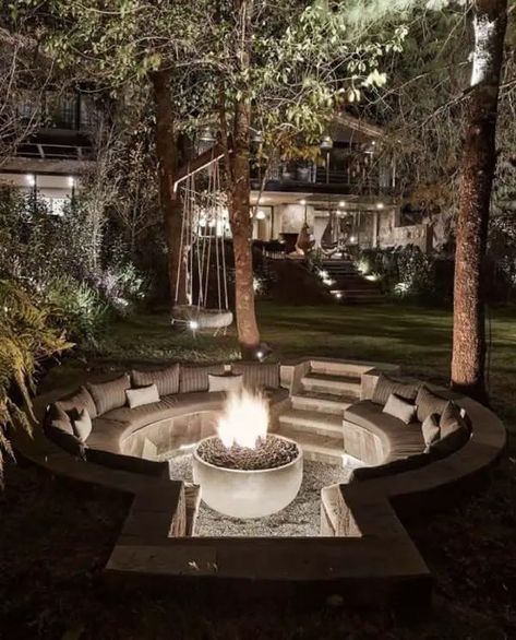 Bonfire Pit Aesthetic, Backyard With Fire Pit And Hot Tub, Fire Pit Pool Combo, Inground Fire Pit With Seating, In Ground Fire Pit With Seating, Concrete Fire Pit Area, Fire Pits Backyard Ideas, Outdoor Fire Pit Ideas Backyards, Outside Fire Pit Ideas