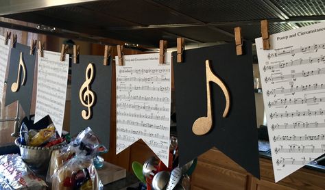 • graduation party ideas • graduation banners • black and gold • music themed party • pomp and circumstance flute sheet music banner • Music Party Decorations, Music Birthday Party, Music Theme Birthday, Jazz Party, Pomp And Circumstance, Music Themed Parties, Diy Music, Graduation Party Ideas, Musical Theme