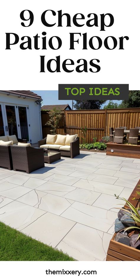 Well-maintained backyard patio with beige furniture on geometric tile flooring, showcasing landscaping inspiration for patio floor ideas. Cheap Diy Patio Flooring, Gazebo Flooring Ideas Diy, Covered Patio Flooring Ideas, Patio Flooring Ideas On A Budget, Inexpensive Patio Flooring, Patio Pavers Design On A Budget, Affordable Patio Ideas, Gazebo Flooring Ideas, Easy Patio Ideas On A Budget