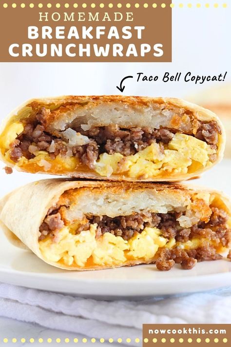 two breakfast crunchwrap halves stacked on a white plate with text overlays that say homemade breakfast crunchwraps, Taco Bell copycat, and now cook this dot com Breakfast Crunchwrap Recipe, Homemade Breakfast Burritos, Taco Bell Breakfast, Breakfast Crunchwrap, Crunchwrap Recipe, Taco Bell Copycat, Breakfast Sandwich Recipes, Breakfast Burritos Recipe, Breakfast Wraps