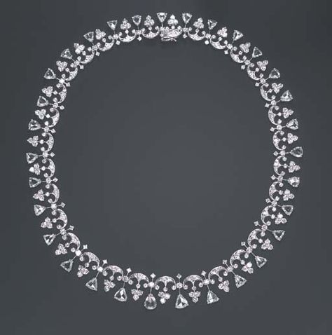 A DIAMOND NECKLACE   Composed of a series of circular-cut diamond scrolling links, each suspending a circular-cut diamond cluster, spaced by circular-cut diamonds, enhaced by pear-shaped rose-cut diamond terminals, mounted in platinum, 15 ins.  The total weight of the diamonds is approximately 23.00 carats Rose Cut Diamond Necklace, Rose Cut Diamond Jewellery, Princess Cut Engagement, Cut Engagement Rings, Jewellery Sketches, Jewel Necklace, Princess Cut Engagement Rings, Large Image, Diamond Jewelry Designs