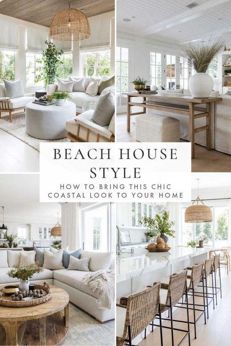 Beautiful beach house style decorating ideas to bring a touch of modern organic coastal style to your living room, bedroom, kitchen and home in 2024 - pure salt interiors Modern Coastal House Decor, Zen Beach House, Airbnb Beach House Design, Florida Condo Decorating Ideas Modern, Modern Airbnb Design, Coastal Cottage Decorating Living Room, Shore House Living Room, Lake House Chic, Beach House Styling