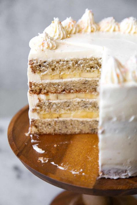 Banana Cream Cake - The Little Epicurean Banana Birthday Cake Recipe, Vanilla Banana Cake, Chocolate Cake With Banana Filling, Banana Cream Cake Recipe, Banana Filling For Cake, Banana Cake Filling, Banana Torte, Pastry Cream Cake, Banana Cream Pie Cake