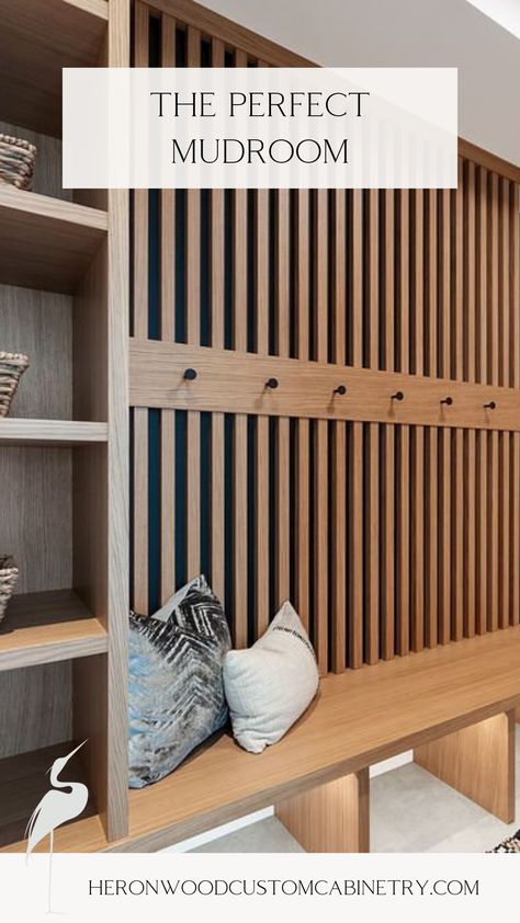 Our custom mudrooms are the perfect spot to store everything from beach towels to life jackets, swim shoes to floaties. Whether you're heading to the lake or need an upgrade for your summer cabin, a well-organized mudroom is an absolute game changer!  #LuxuryHomes #HomeDesign #CustomCabinetry #VancouverIslandHomes #LuxuryClosets #CustomClosets Wood Slat Mudroom, Drop Station Entryway Small Spaces, Midcentury Modern Mudroom Entryway, Mudroom Floating Bench, Mudroom Stairs Entryway, No Mudroom Solution, Small Mud Room Ideas Entryway Garage, Fun Mudroom, Modern Mudroom Design