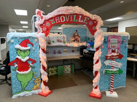 This is my work cubicle. Most of the decorations arw hamdmade by my husband and I. Whoville Decor Ideas, Best Christmas Cubicle Decorations, Grinch Decorations For Work, Christmas Decor Ideas For Work Cubicles, Christmas Decor Nursing Home, Grinch Christmas Desk Decorations, Grinch Cubical Decorations, Grinch Christmas Cubicle Decorations, Whoville Christmas Cubicle Decorations