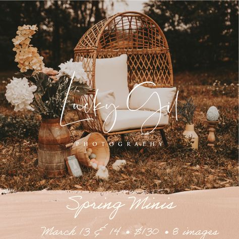 Spring Mini Sessions Outdoor, Simple Spring Mini Session Ideas, Egg Chair Mini Session, Spring Backdrop Photography, Egg Chair Photoshoot Outside, Simple Easter Mini Session, Spring Set Up Photography, Spring Easter Photoshoot Ideas, March Mini Session Ideas