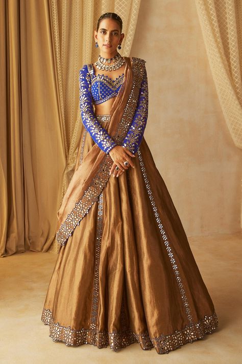 Buy Vvani by Vani Vats Brown Mirror Embroidered Lehenga Set Online | Aza Fashions Royal Indian Outfits, Indian Royal Outfits, Brown Lehenga, Shimmer Lehenga, Lehenga Ideas, Vani Vats, Sheer Dupatta, Langa Voni, Mirror Work Lehenga