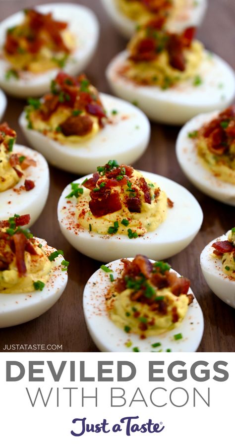 Deviled eggs topped with bacon crumbles and chopped fresh chives on a wood surface. Gourmet Deviled Eggs, Deviled Eggs With Bacon, The Best Deviled Eggs, Chicken And Cheese Recipes, Eggs With Bacon, Thanksgiving Deviled Eggs, Deviled Eggs Recipe Easy, Sweet Relish, Devilled Eggs Recipe Best