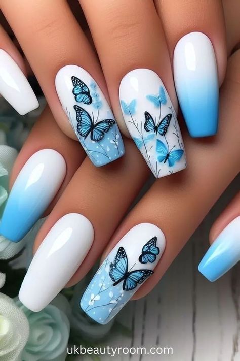 Blue And White Nails, Swirl Nails, Butterfly Nail Designs, Butterfly Nail Art, Fancy Nails Designs, Blue Nail Art, Blue Nail Designs, Blue Nail, Butterfly Nail