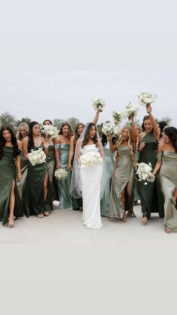 BIRDY GREY 🐥 on Instagram: "Go green 💚 Featuring a mix of our satin bridesmaid dresses in Moss, Sage and Olive • 🎥: @jeanineamapola #birdyinthewild #BIRDYGREY" Wedding Sage Bridesmaid Dresses, Sage And Olive Bridesmaid Dresses, Dark Green And Sage Bridesmaid Dresses, Sage Green Different Bridesmaid Dresses, Bridesmaids Olive Green Dresses, Sage Green Rustic Wedding Bridesmaid Dress, Sage And Creme Wedding, Greek Wedding Bridesmaids Dresses, Birdy Grey Olive Green