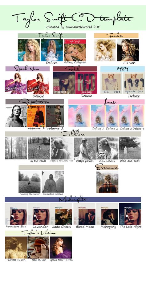 Taylor Swift Template Albums, Taylor Swift Timeline, Taylor Swift Album Template, Taylor Swift Vinyl Collection, Taylor Swift Cd Display, Taylor Swift Album Collection, Taylor Swift Cd Aesthetic, Swiftmas Basket, Taylor Swift Cd Collection