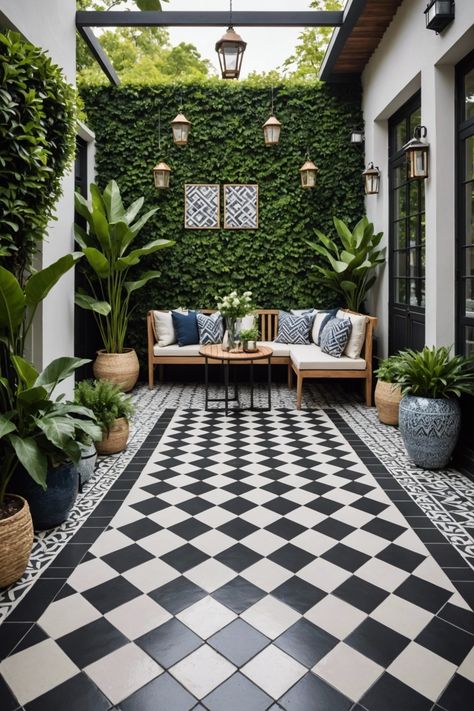 20 Small Patio Flooring Ideas To Brighten And Enlarge Your Outdoor Space - Toolz Geek Tiles For Outside House Floor, Checkered Tile Outdoor, Outdoor Tiling Ideas Patio, Terrace Ideas Outdoor, Small Patio Flooring, Small Patio Flooring Ideas, Balcony Tiles Ideas, Garden Floor Tiles, Outdoor Patio Tile Ideas