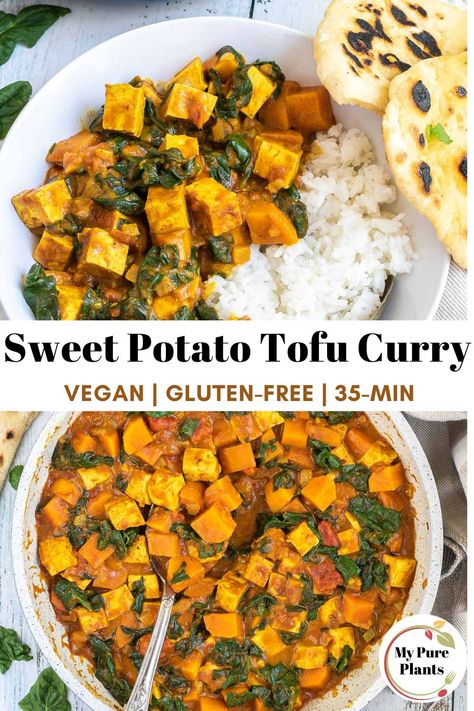 Add a burst of flavor to your weekly food roster with our exotic sweet potato tofu curry recipe. This dish combines sweet potato, tofu, and spices for a distinct texture and flavor profile that will tantalize your taste buds. Sweet Potato Tofu, Vegetarian Sweet Potato Recipes, Protein Entrees, Vegan Winter Recipes, Sweet Potato Rice, Tofu Curry, Quinoa Sweet Potato, Riced Veggies, Sweet Potato Curry