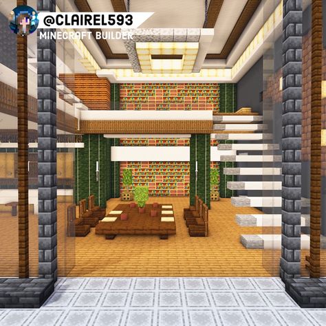 Minions, Modern Minecraft Stairs, Minecraft Modern Library, Minecraft Hotel Lobby, Minecraft Hotel Interior, Minecraft Hotels Ideas, Minecraft Home Interior, Living Room Minecraft, Minecraft Staircase