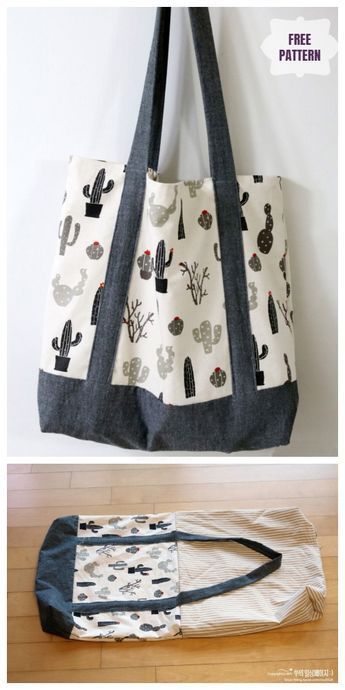 DIY Double-Sided Fabric Eco Shopping Bag Free Sewing Pattern Bag Free Sewing Pattern, Tote Bag Diy Pattern, Återvinna Jeans, Tas Denim, Shopping Bag Pattern, Sewing Tutorials Bags, Sac Diy, Tote Bag Tutorial, Bag Pattern Free