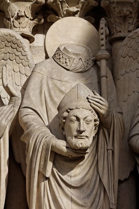 Saint Denis, Bishop of Paris. Beheaded c275. According to  legend, he picked up his head and walked on, preaching repentance | St Denis at Notre Dame, Paris Basilica Of St Denis, St Genevieve, Giorgio Vasari, St Denis, Saint Denis, Gothic Architecture, Oui Oui, Patron Saints, Sacred Art