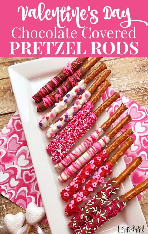 Chocolate Covered Pretzels Recipe, Valentines Party Food, Covered Pretzel Rods, Valentine's Day Chocolate, Buffet Dessert, Dipped Pretzels, Chocolate Covered Pretzel, Valentines Snacks, Chocolate Covered Pretzel Rods