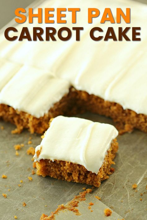 Sheet Pan Carrot Cake, Caramel Praline, Baby Carrot Recipes, Fluffy Cream Cheese Frosting, Six Sisters Stuff, Shredded Carrots, Carrot Cake Cupcakes, Sheet Cake Recipes, Delicious Cream