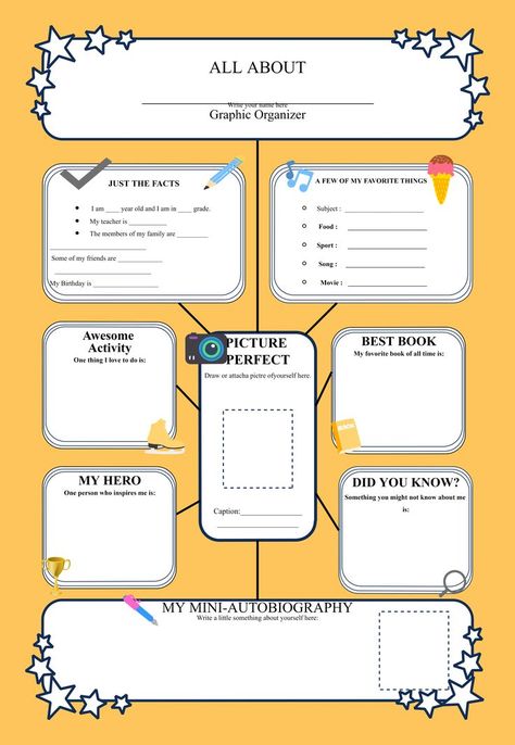 All About Me Web Graphic Organizer Posters About Myself Template, Autobiography About Myself, Biography Ideas, Autobiography Template, Main Idea Graphic Organizer, Organize Posters, Free Graphic Organizers, Autobiography Writing, Graphic Organizer Template