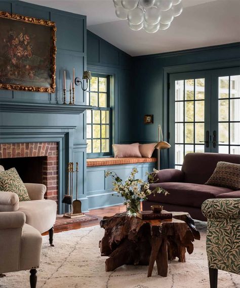 The Best Classic Paint Colors For A Timeless Living Room - The Nordroom Heidi Caillier, Cozy Sitting Room, Timeless Living Room, Light Gray Cabinets, New Interior Design, Moody Blues, Inviting Home, Blue Living Room, Brick Fireplace