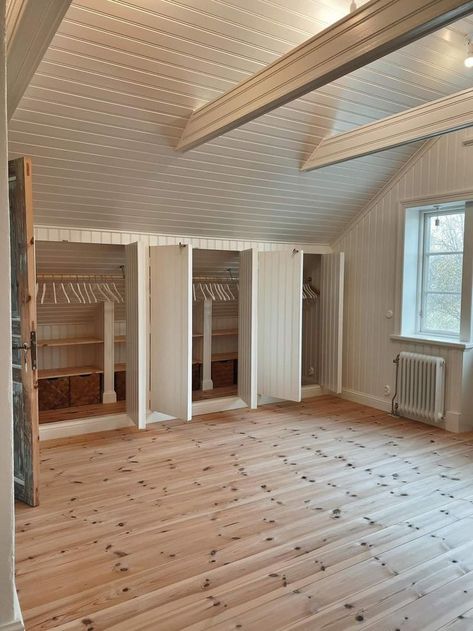 Small Attic Dormer Ideas, Closet Designs With Slanted Ceiling, Attic Bedroom Layout Sloped Ceiling, Under Eves Storage, Attic Storage Room, Slanted Wall Shelving, Attic Conversion Ideas Master Suite, Attic Build Out, Small Attic Space Ideas