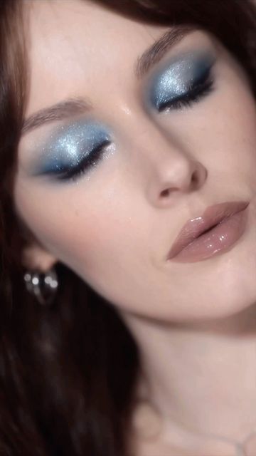 Simple Blue And Silver Makeup, Blue Mermaid Eye Makeup, Blue Eyeshadow Wedding Makeup, Light Blue Make Up Looks, Icy Blue Eye Makeup, Baby Blue Prom Makeup, Prom Makeup For Light Blue Dress, Dusty Blue Makeup Look, Blue Sparkle Eyeshadow