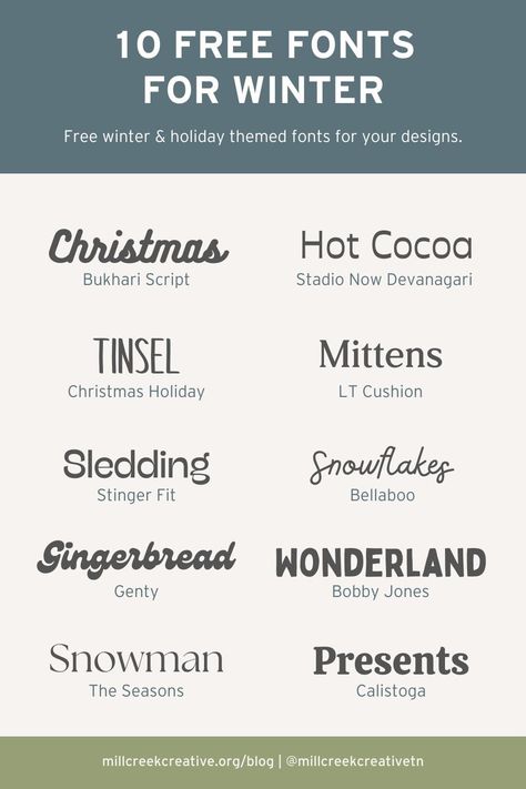 A list of 10 free fonts for winter and holiday themed designs. Canva Winter Fonts, Holiday Fonts Alphabet, Canva Christmas Fonts, December Font Ideas, December Typography, Slime Packaging, Free Christmas Font, Fonts For Christmas, Winter Graphic Design