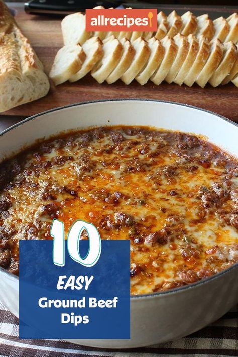 Looking for appetizer recipes? Try cooking the best ground beef dips. From taco dip to seven layer dip, these quick and easy cheese dip recipes are the best appetizer, snack, football food, and party food ideas. Dips With Meat In It, Velveeta Ground Beef Dip, Football Food With Ground Beef, Best Football Dip Recipes, Mexican Beef Dip, Dip Recipes With Ground Beef, Nachos Recipe Beef Dip, Easy Potluck Dip Recipes, Dip For Fritos Easy Recipes