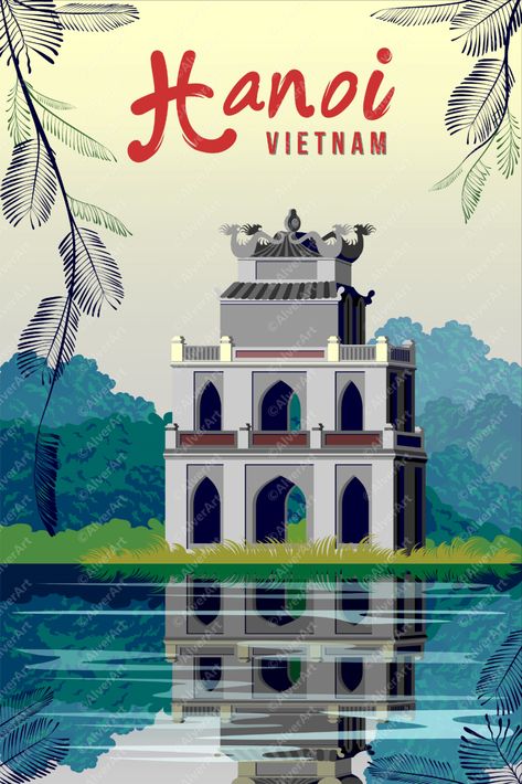 Vietnam Poster, Temple in Hoan Kiem Lake Graphic Design Portfolio Book Layout, Vietnam Art Design, Vietnam Poster, Graphic Design Portfolio Book, Vietnam Painting, Easy Art For Kids, Vietnam Art, Color Drawing Art, Travel Globe