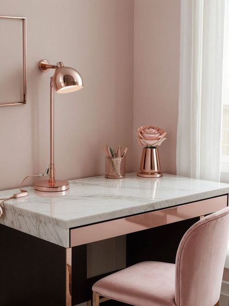 Bedroom Desk Chair, Trendy Desk, Bedroom Marble, Rose Gold Chair, Rose Gold Lamp, Trendy Desks, Blush Pink Bedroom, Sleek Desk, Marble Desk