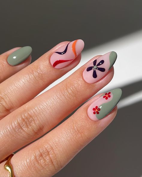 Fun and groovy nail art with muted colours🥹 swipe left for tutorial👀 Using @miicosmetics regular nail polish Rings @bohomoon - code ‘simly10’ to save 10% *affiliate Cute Spring Nail Designs Simple, Mid Century Modern Nail Art, Groovy Fall Nails, Boho Winter Nails, Luminary Nails Design, Nail Polish Rings, Mushroom Nail Designs, Dainty Nail Art, Groovy Nail Art