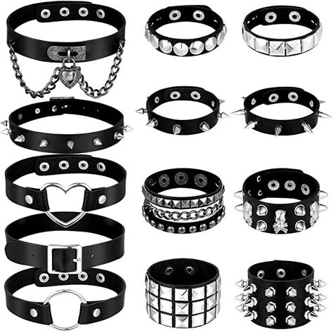 13 Pcs Punk Leather Choker Necklace Bracelets Set Punk Chokers for Women Gothic Adjustable Leather Collar Punk Spike Rivet Cuff Leather Studded Bracelets for Women Men Halloween Costume Accessory Steampunk Leather, Goth Choker, Black Leather Knee High Boots, Spike Bracelet, Gothic Boots, Goth Accessories, Goth Necklace, Punk Accessories, Leather Choker Necklace