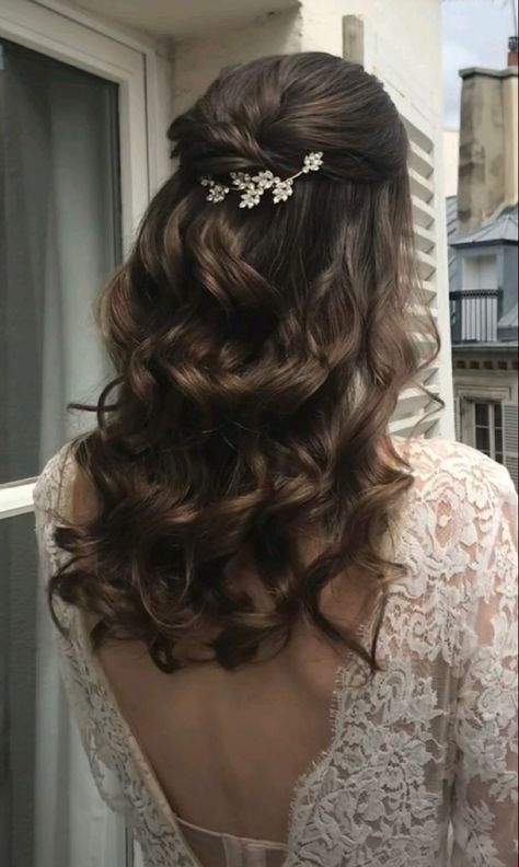 Simple Homecoming Hairstyles Half Up, Prom Hairstyles For Medium Hair Half Up, Ball Hairstyles Half Up Half Down, Prom Hairstyles Brunettes Half Up, Formal Hairstyles With Flowers, Soft Curls Wedding Hair Half Up, Prom Hairstyles With Curls, Half Up Half Down Hairstyles With Flowers, Curled Fancy Hairstyles