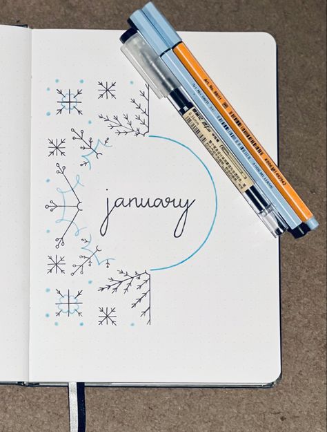 A cover idea for january January Bujo Cover Page, January Planner Theme, January Bujo Ideas, January Doodles Ideas, Ways To Write January, Journal January Cover, January Journal Cover, January Reading Journal, January Journal Page