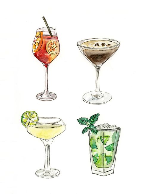 Cocktails Drawing, Cocktail Illustration, Gimlet, Cocktail Art, Cat Air, 수채화 그림, Espresso Martini, Aperol Spritz, Art Collage Wall