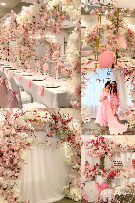 Blossom Theme Party, Sweet 16 Cherry Blossom Theme, Cherry Blossom Birthday Party, Cherry Blossom Quinceanera Theme Decorations, Blossom Baby Shower Ideas, Quince Themes Cherry Blossoms, Floral Debut Theme Simple, Japanese Cherry Blossom Wedding, Cherry Blossom Sweet 16