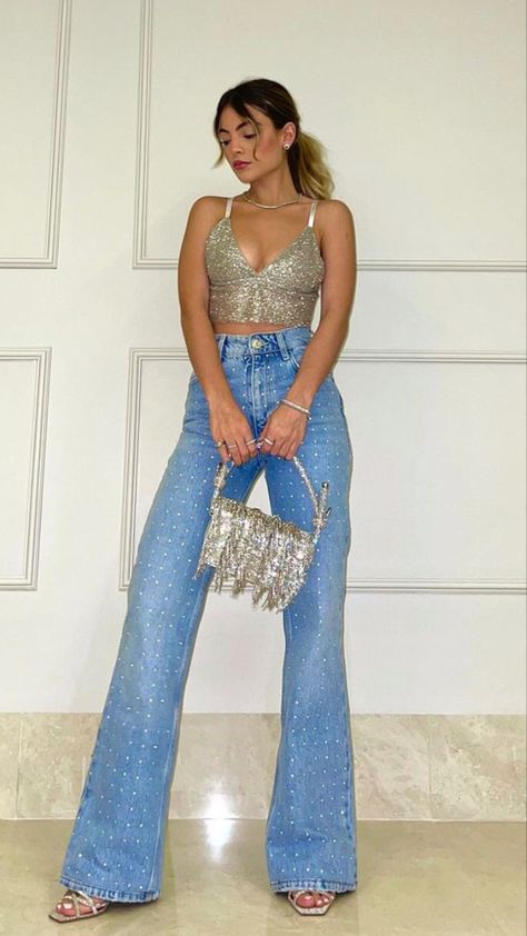 Jeans And Diamonds Party Outfits, Bling Jeans Outfit, Denim And Bling Outfits, Diamonds And Denim Party Outfits, Denim And Rhinestone Outfit, Denim And Pearls Outfits, Denim And Diamonds Party Outfit, Diamonds Outfit, Disco Denim