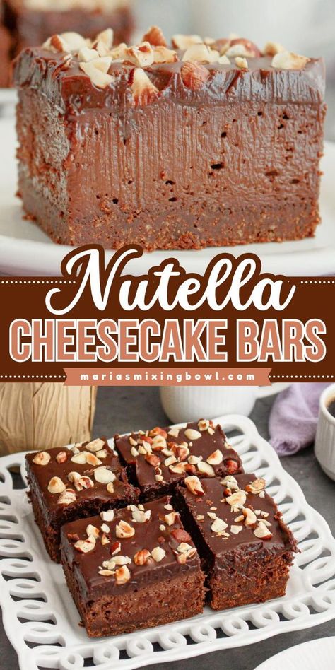 These Nutella Cheesecake Bars are the ultimate indulgence for any dessert lover. The combination of creamy cheesecake, rich Nutella, and a graham cracker crust leaves you wanting to make them again and again. No Bake Nutella Bars, Reese Pie, Nutella Bars, Nutella Cheesecake Bars, Nutella Bar, Hazelnut Dessert, Cheesecake Ideas, Dessert Business, Desert Bars