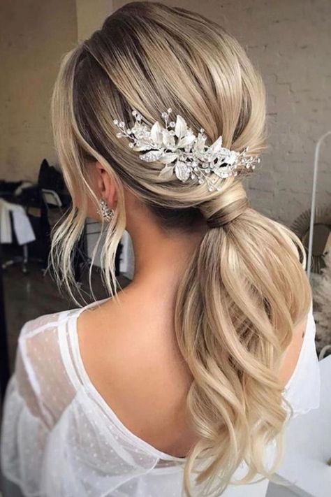 Bridal Ponytail, Wedding Ponytail, Tail Hairstyle, Wedding Hair Inspiration, Hair Ponytail Styles, Ponytail Styles, Bridal Headpiece, Wedding Hairstyles For Long Hair, Bridal Hair And Makeup