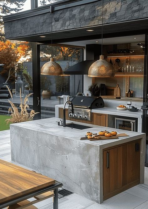 Miami Suburbs, Concrete Outdoor Kitchen, Small Outdoor Kitchens, Kitchen Triangle, Rooftop Patio Design, Modern Outdoor Kitchen, Backyard Dreams, Outdoor Kitchen Ideas, Diy Concrete Countertops