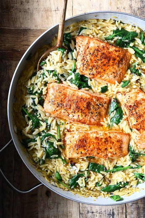 One Skillet Salmon with Lemon Orzo Salmon Orzo, Salmon With Lemon, Lemon Orzo, Salmon Spinach, Pasta Varieties, Fish Dinner Recipes, Orzo Recipes, One Skillet, Salmon Dinner