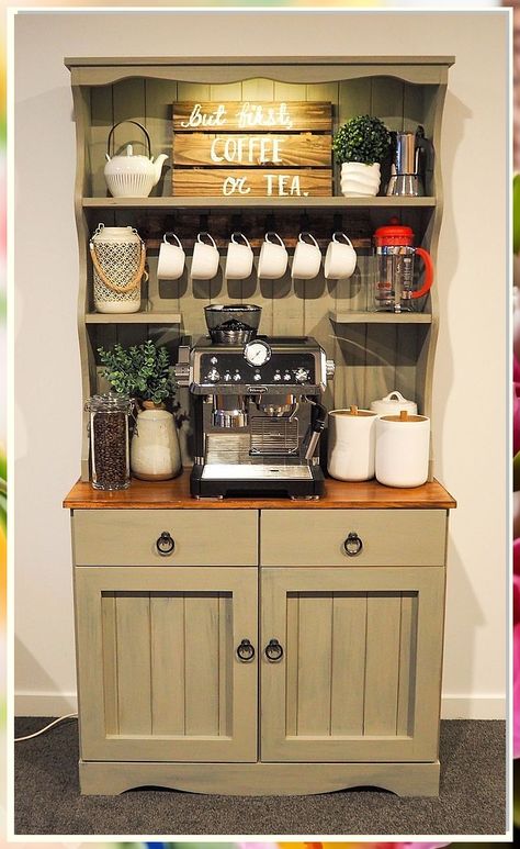 Looking to create a cozy coffee nook at home? Check out these 9 home coffee bar ideas to transform your space into a stylish and functional area for your daily caffeine fix. From minimalist designs to rustic setups, find inspiration to elevate your coffee game at home. Coffee Tea Bar Hutch, Coffee Bar Upcycle, Kitchen Dresser Coffee Station, Farmhouse Coffee Bar Cabinets, Kitchen Hutch Coffee Bar, Dresser Coffee Station, Coffee Hutch Diy, Coffee Station Hutch, Dresser Into Coffee Bar