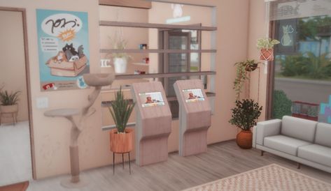 Willow Creek Main Street: Boutique/Boba/Vet Clinic | Chibi Plumbobs Sims 4 Vet Clinic, Vet Clinic, Comic Book Store, Willow Creek, Vet Clinics, Sims 4 Build, Tea Shop, Yoga Studio, Main Street