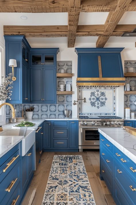 Blue Themed Kitchen Ideas, Artisan Interior Design, Blue Mediterranean Kitchen, Blue Themed Kitchen, Spanish Kitchens, Terracotta Accents, Villa Kitchen, Spanish Kitchen, Kitchen Theme