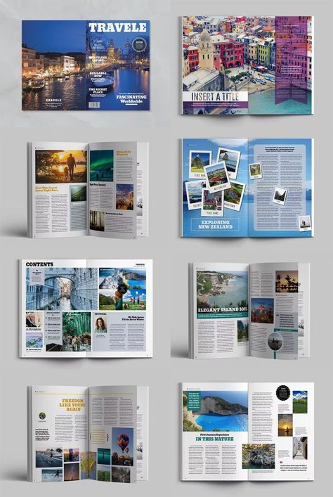 Traveling Magazine Template INDD, IDML. 26 pages. Travel Magazine Design, Travel Magazine Layout, Magazine Page Design, Magazine Page Layouts, Itinerary Design, Indesign Magazine, 잡지 레이아웃, Indesign Magazine Templates, Page Layout Design