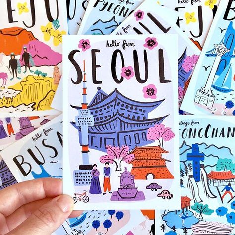 We had the very awesome opportunity to  create postcards for the Korea Tourism Organization. And now we're pleased to mention that Seoul has been added to our Paper City collection as a greeting card and an art print (link in profile) #korea #southkorea #seoul #city #cityscape @koreatourismorganization Postcard Design Inspiration, Postcards Inspiration, Spot Illustration, Korean Illustration, Seoul City, Korea Tourism, 달력 디자인, Paper City, Posca Art